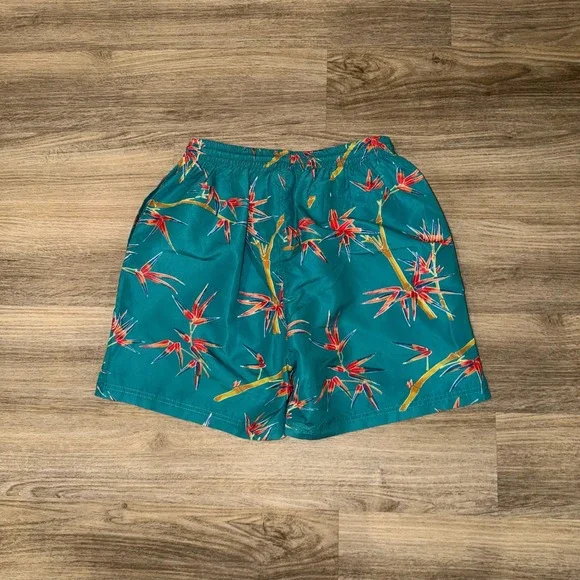 Stussy Mens Tropical Swim Trunks L Teal Birds of Paradise 5 Inseam